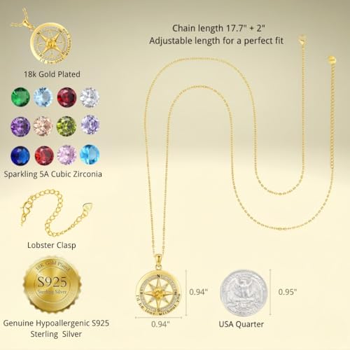 Compass Necklace for Women Wife Girlfriend Mom Daughter Gifts | S925 Silver Jewelry For Anniversary 18K Rose Gold Gifts For Birthday Christmas Mothers Valentines Day 12 Birthstones - style: 11-November-Gold