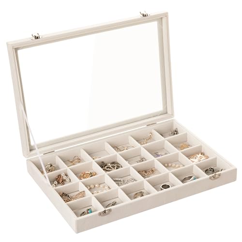Frebeauty 24 Grid Earring Organizer,Velvet Jewelry Tray with Clear Lid | Drawer Jewelry Organizer for Rings Studs Brooch,Adjustable Divider,Dustproof Design,Earring Storage,Trinket Box,13.8×9.5Inch - color: Beige, size: 24 Grid