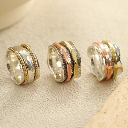 ENERGY STONE 925 Sterling Silver Fidget Ring | Women Spinner Ring | Breeze | Clean Simple Silver Ring | Fidget Anxiety Comfort Meditation Ring | Brass & Copper Spinners on Hammered Base | Size 5-12