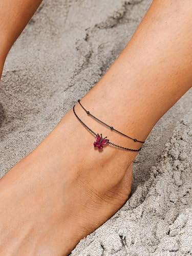 Richsteel Double Layer Heart/Butterfly Birthstone Anklet for Women | Non Tarnish Waterproof, Silver/Gold/Black Stainless Steel 8.5-10.5 Inch Adjustable Chain Anklets Summer Beach Foot Jewelry - color: Black Butterfly-07 Jul.(Ruby)
