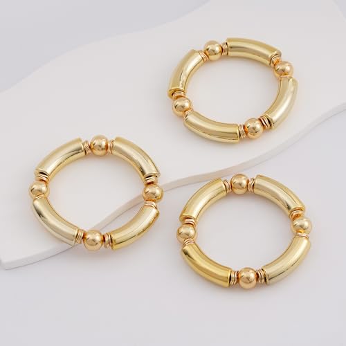 LALAPPLE Gold Plated Beaded Acrylic Bamboo Tube Bangle Bracelets for Women, Colorful Chunky Curved Tube With Gold Plated Pieces Beads Stretch Bracelet Friendship Summer Beach Jewelry - color: Y-gold 3pcs