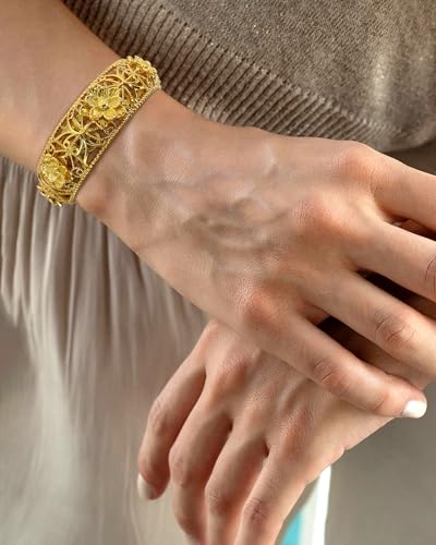 Intricate Floral Pattern Cuff Bracelet for Women - Sterling Silver Bangle, Bohemian Chunky Wide Bracelet Silver & Gold - color: Gold-B