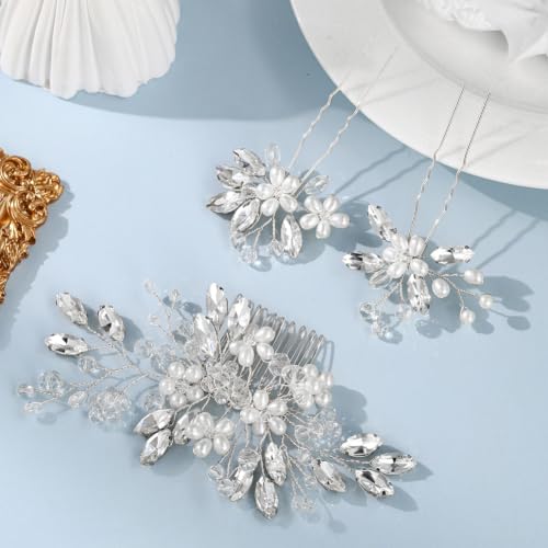 Wedding Hair Accessories Crystal bridal hair pins Rhinestone Pearl hair comb Brides and Bridesmaids, Girls, Women(SILVERY) - color: Silver