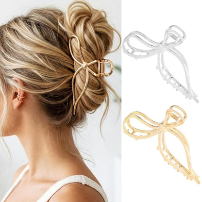 CAKURE Bow Claw Clip Gold Metal Hair Clips Medium Hair Jaw Clamps Stylish Hair Accessories for Women and Girls (Pack of 2)