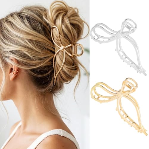 CAKURE Bow Claw Clip Gold Metal Hair Clips Medium Hair Jaw Clamps Stylish Hair Accessories for Women and Girls (Pack of 2)
