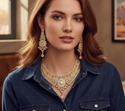 Touchstone Indian jewelry sets for women tikka wedding necklace costume guest statement bollywood rhinestones crystal faux pearls gold big royal neck piece set bridal fashion accessories - color: D313 Gold 2