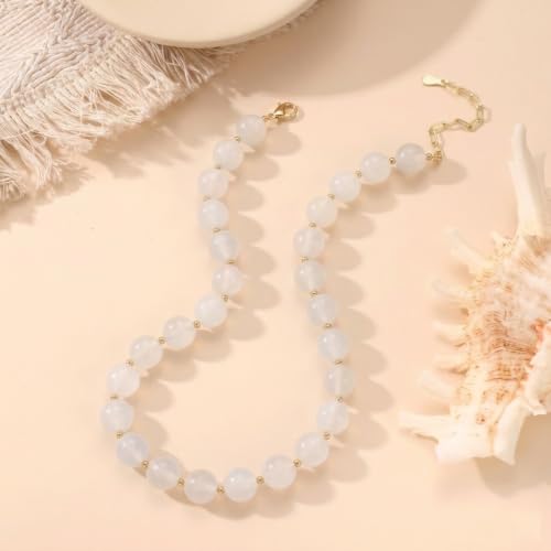 Colorful Beaded Necklace for Women Boho Statement Chunky Necklace Natural Stone Beads Gemstone Choker Necklaces Handmade Summer Beach Jewelry - color: White