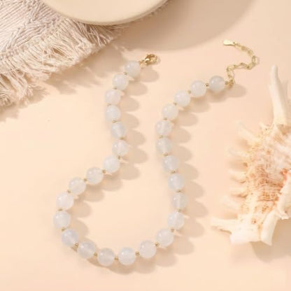 Colorful Beaded Necklace for Women Boho Statement Chunky Necklace Natural Stone Beads Gemstone Choker Necklaces Handmade Summer Beach Jewelry - color: White