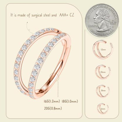 AROWRO Conch Piercing Jewelry Nose Rings Hoops Septum Cartilage Helix Rook | Surgical Steel Gold Silver Cartilage Earrings for Women Tragus Helix Piercing Jewelry 16G 18G 20G With Cubic Zirconia Opal - color: Rose Gold-D1 Clear CZ, size: 16G(1.2mm)-12mm