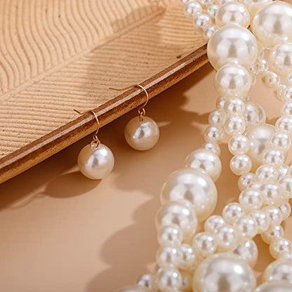 Wiwpar 2PCS Large Chunky Statement Faux Pearl Bib Choker Necklace and Earring Set for Party Wedding Ladies - color: white