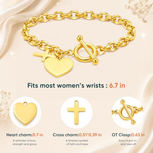 Gamtic Personalized Charm Bracelet for Women, Gold Bracelet with Cross Heart Charms, Bible Verse Christian Bracelet, Custom Engraved Stainless Steel Ot Clasp Bracelet, Faith Gifts Jewelry for Her - color: Custom Both Sides