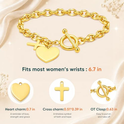 Gamtic Personalized Charm Bracelet for Women, Gold Bracelet with Cross Heart Charms, Bible Verse Christian Bracelet, Custom Engraved Stainless Steel Ot Clasp Bracelet, Faith Gifts Jewelry for Her - color: Custom Both Sides