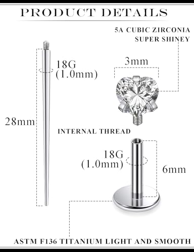 20G 18G 16G Astm F136 Titanium Internal Thread Flat Back Earrings Nose Studs Tragus Helix Conch Cartilage Lobe Earrings Medusa Labret Snake Bite Monroe Lip Ring Piercing Jewelry For Women Men - color: Clear, size: 18G-6MM Bar-CZ 3MM