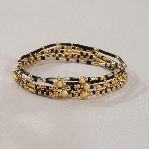 14K Gold Plated Beaded Bracelets Stack Set for Women,Stretch Boho Ball Jewelry Friendship Trendy - color: Gold Black Beaded