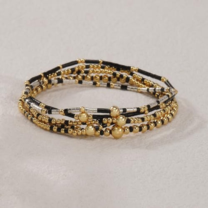 14K Gold Plated Beaded Bracelets Stack Set for Women,Stretch Boho Ball Jewelry Friendship Trendy - color: Gold Black Beaded