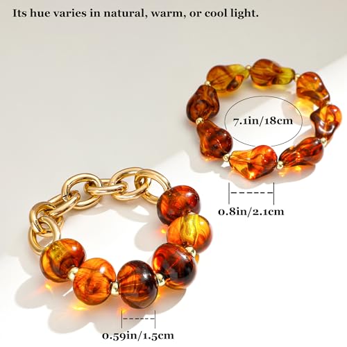 Boho Beaded Stretch Bracelets For Women Stackable Crystal Gold Plated Beaded Bracelets Set Trendy Handmade Friendship Braeclet Jewelry Gifts - color: L-Brown Amber 2pcs