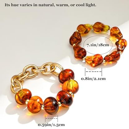 Boho Beaded Stretch Bracelets For Women Stackable Crystal Gold Plated Beaded Bracelets Set Trendy Handmade Friendship Braeclet Jewelry Gifts - color: L-Brown Amber 2pcs