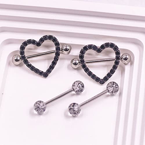 VERAMI 14G Stainless Steel Heart Nipple Rings and Barbell - Butterfly, Starlight Acrylic Ball, Tongue Rings for Women and Men - color: BLACK-CZ