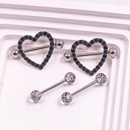 VERAMI 14G Stainless Steel Heart Nipple Rings and Barbell - Butterfly, Starlight Acrylic Ball, Tongue Rings for Women and Men - color: BLACK-CZ