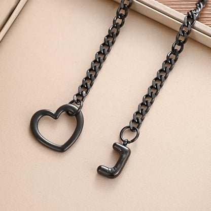 sroyte Black Heart Slip Chain Initial Necklaces for Women,Stainless Steel O-Ring Adjustable Lariat Heart Y-Necklace,Punk Gothic Cuban Collar Choker Necklace for women - color: Black J