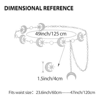 Rhinestone Moon Chain Belt Sparkly Star Waist Chain Adjustable Body Jewley for Women Dress Belt Accessory - style: Silver moon star D