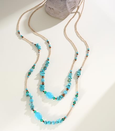 Noessla Boho Long Beaded Necklaces for Women Double Layer Chunky Irregular Stone Beads Strand Statement Jewelry Mothers Day Gifts - color: Turquoise