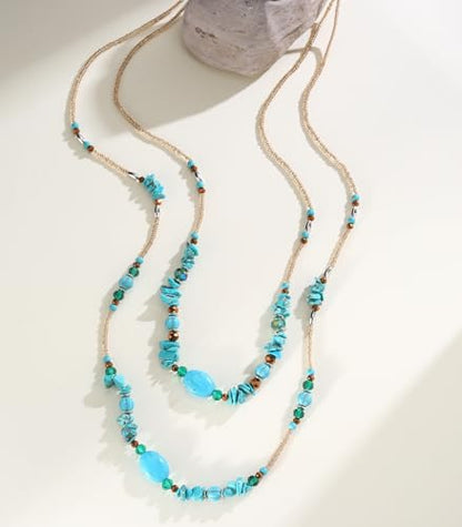 Noessla Boho Long Beaded Necklaces for Women Double Layer Chunky Irregular Stone Beads Strand Statement Jewelry Mothers Day Gifts - color: Turquoise