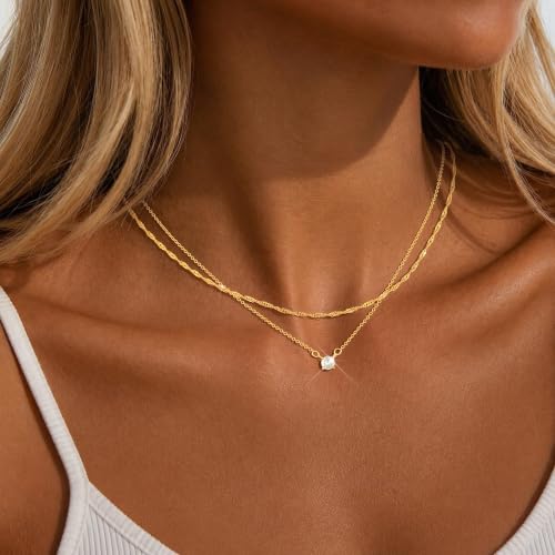 Layered Gold Necklace Set for Women Dainty Waterproof Cute Choker | 14K Gold Plated Minimalist Non Tarnish Lightweight CZ Pendant Pearl Twist Paperclip Chain Jewelry Gifts - style: 2PCS-Twisted rope zircon-GD
