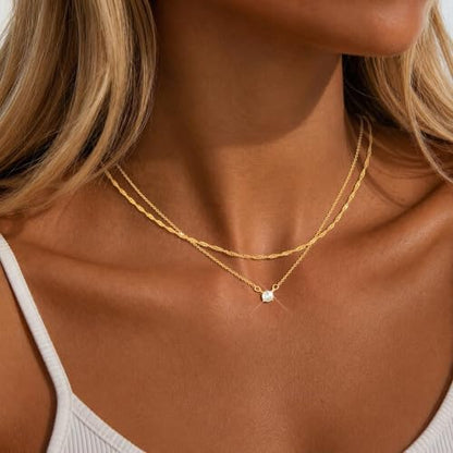Layered Gold Necklace Set for Women Dainty Waterproof Cute Choker | 14K Gold Plated Minimalist Non Tarnish Lightweight CZ Pendant Pearl Twist Paperclip Chain Jewelry Gifts - style: 2PCS-Twisted rope zircon-GD