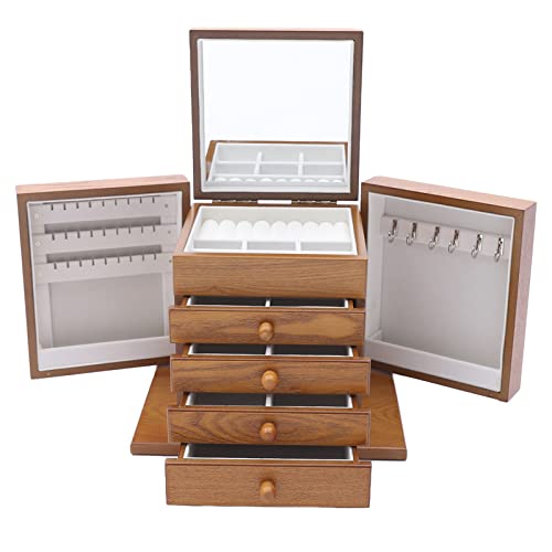Large Jewelry Box Organizer with Mirror,5-Layer Brown Retro Wooden Jewelry Chest for Women Girls, Jewellery Display Holder Organizer Box Case for Necklace Earrings Rings Bracelets,Great Gifts - color: Brown D, size: 5-Layer