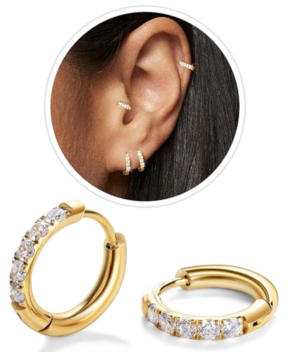 CZ Huggie Earrings for Women, Stainless Steel Hinged Small Hoop Earrings, Select Sizes, Colors and Sets for Cartilage Helix Lobe Ear Stack Jewelry - color: Gold, size: 8mm (THK:1.6mm)