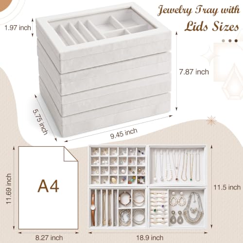 SiliFine Set of 4 Large Stackable Velvet Jewelry Trays with 4 Lids,Beige - color: Beige
