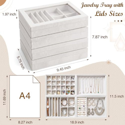 SiliFine Set of 4 Large Stackable Velvet Jewelry Trays with 4 Lids,Beige - color: Beige