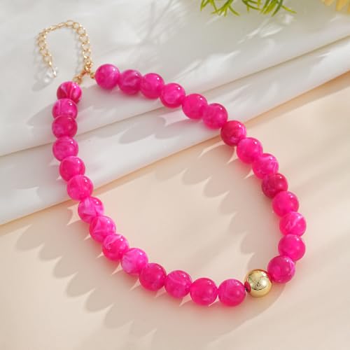 Colorful Chunky Beaded Necklaces for Women Multicolor Large Round Resin Beads Collar Necklace Boho Trendy Statement Chokers Y2K Summer Beach Jewelry - color: Hot Pink