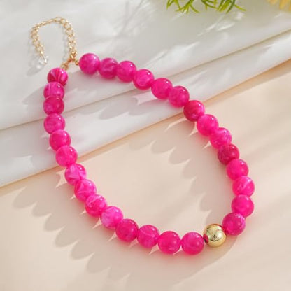 Colorful Chunky Beaded Necklaces for Women Multicolor Large Round Resin Beads Collar Necklace Boho Trendy Statement Chokers Y2K Summer Beach Jewelry - color: Hot Pink