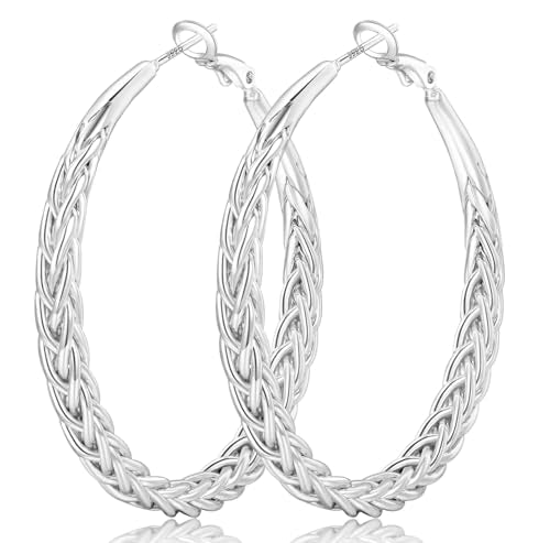 Senteria 925 Sterling Silver Post Twisted Hoop Earrings for Women 30-50MM | Hypoallergenic Large Silver Hoop Earrings for Women,Lightweight Thick Weave Braid Hoops,Nickel Lead-Free for Sensitive Ears - color: 50MM Silver