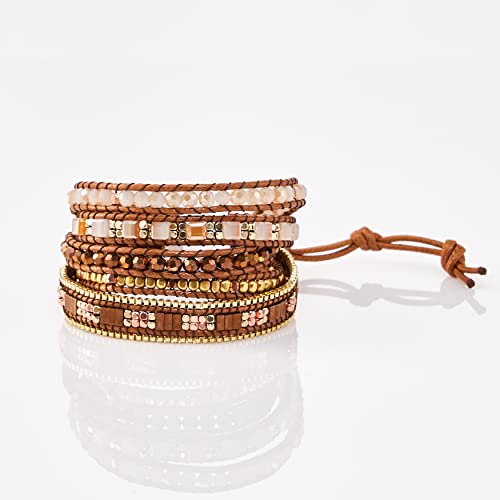 Bracelet for Women – Handmade Vegan Boho Natural Stone Layered Bracelet, Thailand Bohemian Stackable Beaded Wrap Bracelets, Summer Hippie Bracelet Stack, Fashion Jewelry Gifts - color: A6-Caramel