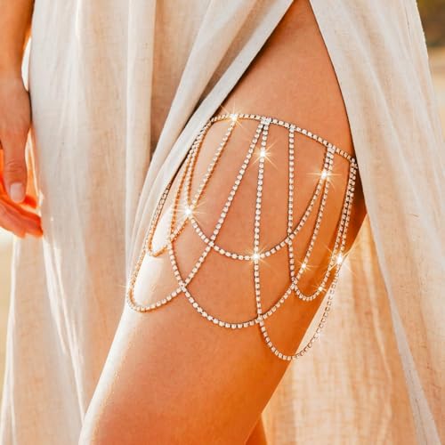 REETAN Thigh Garter Belt Rhinestone Leg Chain for Women - style: Style B-Gold