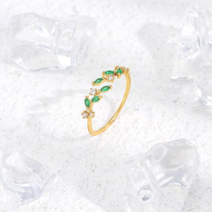 Gold Rings Non Tarnish Silver Adjustable Rings for Women Cubic Zirconia Leaf Ring Dainty Silver Stackable Ring for Women - style: green