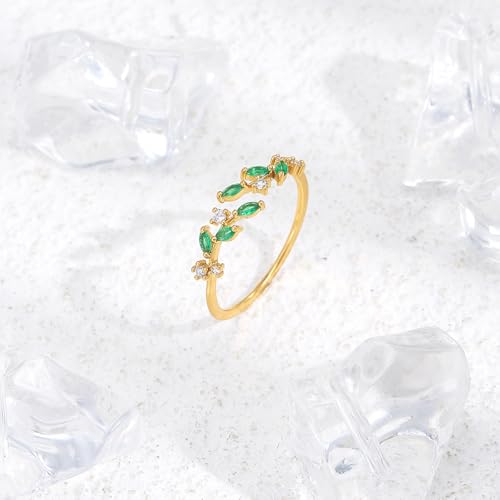 Gold Rings Non Tarnish Silver Adjustable Rings for Women Cubic Zirconia Leaf Ring Dainty Silver Stackable Ring for Women - style: green