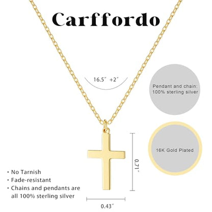 Carffordo 925 Sterling Silver Cross Necklace, Dainty Necklace for Women | Simple Small Cross Pendant Necklace, Sterling Silver/16K Gold Plated Non-Tarnish Faith Jewelry, Christian Religious Gifts - style: 16k Gold Plated Cross Necklace