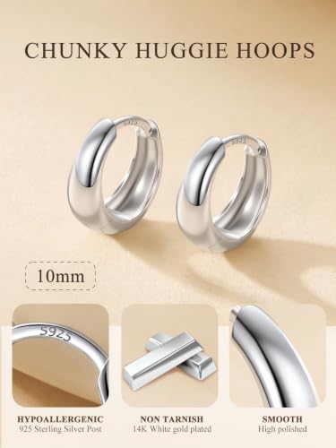 Bestyle Gold Huggies Earrings for Women Hypoallergenic 925 Sterling Silver Post Huggie Hoop Earrings Thick Lightweight Small Hoop Earrings 8/10/12/14mm - color: Silver, size: 10mm