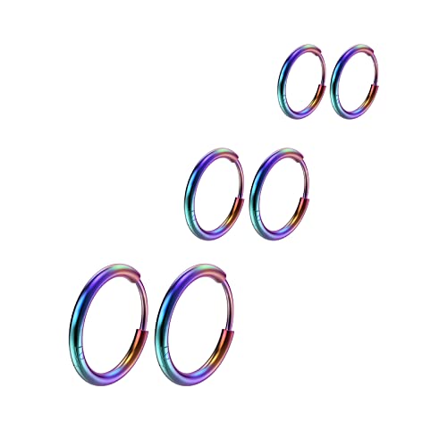 Osayia 316L Surgical Stainless Steel Small Hoop Earrings 8mm 10mm 12mm Hypoallergenic Huggie Thin Hoop Earrings Helix Lobes Hinged Sleeper Earrings Men Women for Cartilage Piercings - color: G: Rainbow (Diameter 8mm/10mm/12mm),3 Pairs