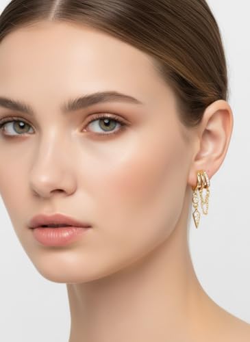 FAN&LOUIS Gold Clip On Earrings for Women, 24K Gold Plated Trendy Triple Huggie Hypoallergenic Non Pierced Earrings Dainty Dangle Chains Drop Painless Lightweight Clip-On Earrings