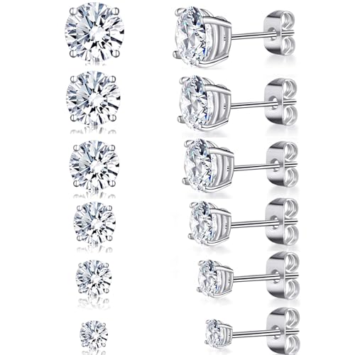 6 Pairs Cubic Zirconia Stud Earrings for Women/Men - Round Cut 4 Prong Settings 18K Gold Plated Hypoallergenic 3-8mm Clear Earrings Set - color: 3-8mm White Gold - Round 4 Prong