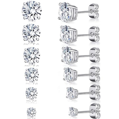 6 Pairs Cubic Zirconia Stud Earrings for Women/Men - Round Cut 4 Prong Settings 18K Gold Plated Hypoallergenic 3-8mm Clear Earrings Set - color: 3-8mm White Gold - Round 4 Prong