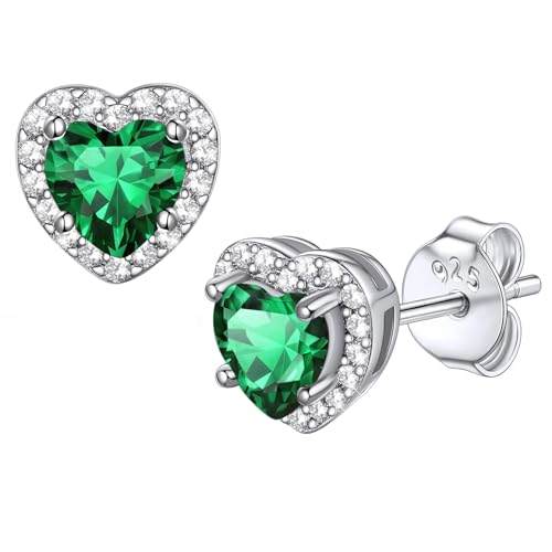 Bestyle Sparkling 925 Sterling Silver Birthstone Stud Earrings for Women, Heart/Round/Teardrop/Square Solitaire Diamond Studs Earrings, Great Birthday/Christmas Gifts - style: 05.Green Emerald-May-heart