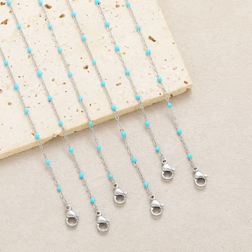 6 PCS Enamel Beaded Chains Bracelet Stainless Steel Link Bracelets | 6.7"+1.18", With Extender Chain, Fashion Jewelry Set, Gift For Women, Colorful, No Fade - color: Light Blue Silver