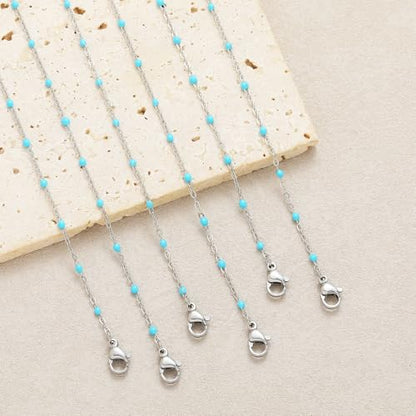 6 PCS Enamel Beaded Chains Bracelet Stainless Steel Link Bracelets | 6.7"+1.18", With Extender Chain, Fashion Jewelry Set, Gift For Women, Colorful, No Fade - color: Light Blue Silver