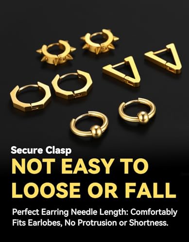 ChainsHouse Stud Earrings for Men Women,316L Stainless Steel/14K Gold/Black Plated Metal, Punk Hypoallergenic Surgical Huggie Hoop Earrings Mens Jewelry Piercing Hoop Earrings - style: F: Gold-Different Disign(4 Pairs)